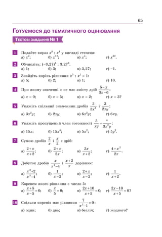 65
ГОТУЄМОСЯ ДО ТЕМАТИЧНОГО ОЦІНЮВАННЯ
ТЕСТОВІ ЗАВДАННЯ № 1
1 Подайте вираз х8
: х4
у вигляді степеня:
а) х2
; б) х12
; в) х4
; г) х32
.
2 Обчисліть: (–3,27)3
: 3,273
.
а) 1; б) 3; в) 3,27; г) –1.
3 Знайдіть корінь рівняння х5
: х2
= 1:
а) 5; б) 2; в) 1; г) 10.
4 При якому значенні х не має змісту дріб
5
:
3 6
−
−
x
x
а) х = 0; б) х = 5; в) х = 2; г) х = 3?
5 Укажіть спільний знаменник дробів 2
2
3x
і
3
:
2xy
а) 3х2
у; б) 2ху; в) 6х2
у; г) 6ху.
6 Укажіть пропущений член тотожності 2
5 *
:
3
=
xy x y
а) 15х; б) 15х3
; в) 5х2
; г) 5у2
.
7 Сумою дробів
2
x
і
2
x
є дріб:
а)
2
;
2
+
+
x
x
б)
2
;
2
+ x
x
в)
2
;
2
+
x
x
г)
2
4
.
2
+ x
x
8 Добуток дробів 2
4
−
x
x
і
2
+
x
x
дорівнює:
а)
2
3
2
;
4
+
−
x
x
б)
1
;
2
−
x
в)
2
;
2
+
−
x
x
г)
1
.
2
+
x
9 Коренем якого рівняння є число 5:
а)
5
0;
5
+
=
−
x
x
б) 0;
5
=
x
в)
2 10
0;
5
+
=
+
x
x
г)
2 10
0?
5
−
=
+
x
x
10 Скільки коренів має рівняння 2
7
0:
1
=
−
x
а) один; б) два; в) безліч; г) жодного?
 