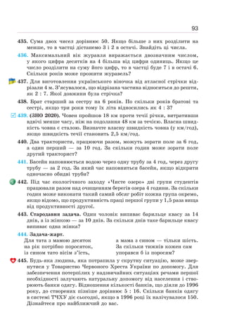 93
435. Сума двох чисел дорівнює 50. Якщо більше з них розділити на
менше, то в частці дістанемо 3 і 2 в остачі. Знайдіть ці числа.
436. Максимальний вік журавля виражається двозначним числом,
у якого цифра десятків на 4 більша від цифри одиниць. Якщо це
число розділити на суму його цифр, то в частці буде 7 і в остачі 6.
Скільки років може прожити журавель?
437. Для виготовлення українського віночка від атласної стрічки від-
різали 4 м. З’ясувалося, що відрізана частина відноситься до решти,
як 2 : 7. Якої довжини була стрічка?
438. Брат старший за сестру на 6 років. По скільки років братові та
сестрі, якщо три роки тому їх літа відносились як 4 : 3?
439. (ЗНО 2020). Човен пройшов 18 км проти течії річки, витративши
вдвічі менше часу, ніж на подолання 48 км за течією. Власна швид-
кість човна є сталою. Визначте власну швидкість човна (у км/год),
якщо швидкість течії становить 2,5 км/год.
440. Два трактористи, працюючи разом, можуть зорати поле за 6 год,
а один перший — за 10 год. За скільки годин може зорати поле
другий тракторист?
441. Басейн наповнюється водою через одну трубу за 4 год, через другу
трубу — за 2 год. За який час наповниться басейн, якщо відкрити
одночасно обидві труби?
442. Під час екологічного заходу «Чисте озеро» дві групи студентів
працювали разом над очищенням берегів озера 4 години. За скільки
годин може виконати такий самий обсяг робіт кожна група окремо,
якщо відомо, що продуктивність праці першої групи у 1,5 раза вища
від продуктивності другої.
443. Стародавня задача. Один чоловік випиває барильце квасу за 14
днів, а із жінкою — за 10 днів. За скільки днів таке барильце квасу
випиває одна жінка?
444. Задача-жарт.
Для тата з мамою десяток
на рік потрібно поросяток,
із сином тато вісім з’їсть,
а мама з сином — тільки шість.
За скільки тижнів кожен сам
упорався б із поросям?
445. Будь-яка людина, яка потрапила у скрутну ситуацію, може звер-
нутися у Товариство Червоного Хреста України по допомогу. Для
забезпечення потерпілих у надзвичайних ситуаціях речами першої
необхідності залучають натуральну допомогу від населення і ство-
рюють банки одягу. Відношення кількості банків, що діяли до 1996
року, до створених пізніше дорівнює 5 : 16. Скільки банків одягу
в системі ТЧХУ діє сьогодні, якщо в 1996 році їх налічувалося 150.
Дізнайтеся про найближчий до вас.
 