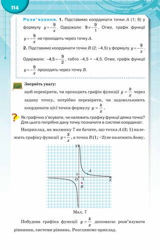 114
Розв’язання. 1. Підставимо координати точки А  (1; 9) у
формулу y
x
= −
9
. Одержали: ≠ −
9
9
1
. Отже, графік функції
y
x
= −
9
не проходить через точку А.
2. Підставимо координати точки В (2; –4,5) у формулу y
x
= −
9
.
Одержали: − =
−
9
4,5
2
, тобто –4,5 = –4,5. Отже, графік функції
y
x
= −
9
проходить через точку В.
Зверніть увагу:
щоб перевірити, чи проходить графік функції
k
y
x
= через
задану точку, потрібно перевірити, чи задовольняють
координати цієї точки формулу
k
y
x
= .
Як графічно з’ясувати, чи належить графіку функції деяка точка?
Для цього потрібно дану точку позначити в системі координат.
Наприклад, на малюнку 7 ви бачите, що точка А (3; 1) нале-
жить графіку функції =
3
y
x
, а точка В (1; –2) не належить йому.
Мал. 7
Побудова графіка функції
k
y
x
= допомагає розв’язувати
рівняння, системи рівнянь. Розглянемо приклад.
 