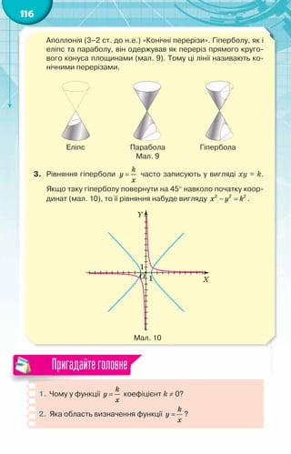 116
	 Аполлонія (3–2 ст. до н.е.) «Конічні перерізи». Гіперболу, як і
еліпс та параболу, він одержував як переріз прямого круго-
вого конуса площинами (мал. 9). Тому ці лінії називають ко-
нічними перерізами.
                                                 
                    Еліпс                          Парабола                    Гіпербола
Мал. 9
3.	 Рівняння гіперболи
k
y
x
= часто записують у вигляді ху = k.
Якщо таку гіперболу повернути на 45° навколо початку коор-
динат (мал. 10), то її рівняння набуде вигляду 2 2 2
− =
x y k .
Мал. 10
1.	Чому у функції
k
y
x
= коефіцієнт k ≠ 0?
2.	 Яка область визначення функції
k
y
x
= ?
Пригадайтеголовне
 