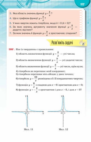 117
3.	 Яка область значень функції
k
y
x
= ?
4.	 Що є графіком функції
k
y
x
= ?
5.	 У яких чвертях лежить гіпербола, якщо k > 0 (k < 0)?
6.	За яких значень аргументу значення функції
k
y
x
= —	
додатні; від’ємні?
7.	 За яких значень k функція
k
y
x
= є зростаючою; спадною?
386'.	 Яке із тверджень є правильним:
1) область визначення функції
k
y
x
= — усі числа;
2) область визначення функції
k
y
x
= — усі додатні числа;
3) областьвизначенняфункції
k
y
x
= —усічисла,крімнуля;
4) гіпербола не перетинає осей координат;
5) гіпербола перетинає вісь абсцис у двох точках;
6)гіпербола
10
y
x
= розміщенавІіІІкоординатнихчвертях;
7) функція
6
y
x
= є спадною для х > 0 і зростаючою для х < 0;
8) функція
4
y
x
= − є зростаючою і для х > 0, і для х < 0?
Мал. 11 Мал. 12
Розв’яжітьзадачі
 