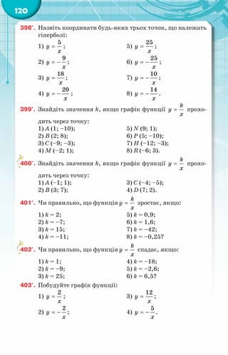 120
398°.	 Назвіть координати будь-яких трьох точок, що належать
гіперболі:
1)
5
y
x
= ;	 5)
25
y
x
= ;
2)
9
y
x
= − ;	 6)
25
y
x
= − ;
3)
18
y
x
= ;	 7)
10
y
x
= − ;
4)
20
y
x
= − ;	 8)
14
y
x
= − .
399°.	 Знайдіть значення k, якщо графік функції
k
y
x
= прохо-
дить через точку:
1) А (1; –10);	 5) N (9; 1);
2) B (2; 8);	 6) P (5; –10);
3) С (–9; –3);	 7) Н (–12; –3);
4) M (–2; 1);	 8) R (–6; 3).
400°.	 Знайдіть значення k, якщо графік функції
k
y
x
= прохо-
дить через точку:
1) А (–1; 1);	 3) С (–4; –5);
2) B (3; 7);	 4) D (7; 2).
401°.	 Чи правильно, що функція
k
y
x
= зростає, якщо:
1) k = 2;	 5) k = 0,9;
2) k = –7;	 6) k = 1,6;
3) k = 15;	 7) k = –42;
4) k = –11;	 8) k = –0,25?
402°.	 Чи правильно, що функція
k
y
x
= спадає, якщо:
1) k = 1;	 4) k = –18;
2) k = –9;	 5) k = –2,6;
3) k = 25;	 6) k = 6,5?
403°.	 Побудуйте графік функції:
1)
2
y
x
= ;	 3)
12
y
x
= ;
2)
2
y
x
= − ;	 4)
5
y
x
= − .
 