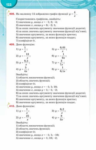 122
408.	 На малюнку 15 зображено графік функції
k
y
x
= .
Скориставшись графіком, знайдіть:
1) значення y, якщо x = –1; 2; –4;
2) значення x, якщо y = 8; –2; 1;
3) за яких значень аргументу значення функції додатні;
4) за яких значень аргументу значення функції від’ємні;
5) значення аргументу, за яких функція зростає;
6) значення аргументу, за яких функція спадає;
7) коефіцієнт k.
409.	 Дано функцію:
1)
1
y
x
= ;	 5)
0,01
y
x
= ;
2)
13
y
x
= − ;	 6)
1
9
y
x
= − ;
3)
0,5
y
x
= ;	 7)
3
7
y
x
= ;
4)
5
4
y
x
= ;	 8)
1
0,1
y
x
= .
Знайдіть:
1) область визначення функції;
2) область значень функції;
3) коефіцієнт k;
4) значення y, якщо x = –1; 1; 10;
5) значення x, якщо y = 1; –1; –2;
6) за яких значень аргументу значення функції додатні;
7) за яких значень аргументу значення функції від’ємні;
8) значення аргументу, за яких функція зростає;
9) значення аргументу, за яких функція спадає.
410.	 Дано функцію:
1)
1
y
x
= − ;	 3)
0,2
y
x
= ;
2)
25
y
x
= − ;	 4)
8
3
y
x
= .
Знайдіть:
1) область визначення функції;
2) область значень функції;
3) коефіцієнт k;
4) значення y, якщо x = –1; 1; –10;
5) значення x, якщо y = 1; 10; –2;
 