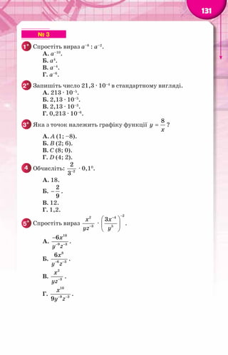131
▶ ▶ ▶ ▶ ▶ ▶ № 3
1° 	Спростіть вираз а–8
: а–2
.
		 А. а–10
.
		 Б. а4
.
		 В. а–4
.
		 Г. а–6
.
2° 	Запишіть число 21,3 · 10–4
в стандартному вигляді.
		 А. 213 · 10–5
.
		 Б. 2,13 · 10–5
.
		 В. 2,13 · 10–3
.
		 Г. 0,213 · 10–6
.
3° 	Яка з точок належить графіку функції
8
y
x
= ?
		 А. А (1; –8).
		 Б. В (2; 6).
		 В. C (8; 0).
		 Г. D (4; 2).
4 	Обчисліть: 2
2
3−
· 0,10
.
		 А. 18.
		 Б.
2
9
− .
		 В. 12.
		 Г. 1,2.
5* 	Спростіть вираз
2
3
x
yz−
·
2
4
5
3x
y
−
−
 
 
 
.
		 А.
10
9 3
6x
y z
− −
−
.
		 Б.
8
6 3
6x
y z
− −
.
		 В.
2
3
x
yz−
.
		 Г.
10
9 3
9
x
y z
− −
.
 