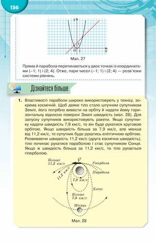136
Мал. 27
Пряма й парабола перетинаються у двох точках із координата-
ми (–1; 1) і (2; 4). Отже, пари чисел (–1; 1) і (2; 4) — розв’язки
системи рівнянь.
1.	 Властивості параболи широко використовують у техніці, зо-
крема космічній. Щоб деяке тіло стало штучним супутником
Землі, його потрібно вивести на орбіту й надати йому гори-
зонтальну відносно поверхні Землі швидкість (мал. 28). Для
запуску супутників використовують ракети. Якщо супутни-
ку надати швидкість 7,9 км/с, то він буде рухатися круговою	
орбітою. Якщо швидкість більша за 7,9 км/с, але менша
від 11,2 км/с, то супутник буде рухатись еліптичною орбітою.
Розвиваючи швидкість 11,2 км/с (друга космічна швидкість),
тіло починає рухатися параболою і стає супутником Сонця.	
Якщо ж швидкість більша за  11,2 км/с, то тіло рухається	
гіперболою.
Мал. 28
Дізнайтесябільше
 