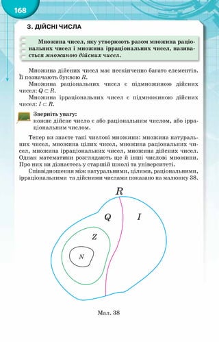 168
3.	Дійсні числа
Множина чисел, яку утворюють разом множина раціо­
нальних чисел і множина ірраціональних чисел, назива-
ється множиною дійсних чисел.
Множина дійсних чисел має нескінченно багато елементів.
Її позначають буквою R.
Множина раціональних чисел є підмножиною дійсних
чисел: Q ⊂ R.
Множина ірраціональних чисел є підмножиною дійсних
чисел: І ⊂ R.
Зверніть увагу:
кожне дійсне число є або раціональним числом, або ірра­
ціональним числом.
Тепер ви знаєте такі числові множини: множина натураль-
них чисел, множина цілих чисел, множина раціональних чи-
сел, множина ірраціональних чисел, множина дійсних чисел.
Однак математики розглядають ще й інші числові множини.
Про них ви дізнаєтесь у старшій школі та університеті.
Співвідношення між натуральними, цілими, раціональними,
ірраціональними та дійсними числами показано на малюнку 38.
Мал. 38
 
