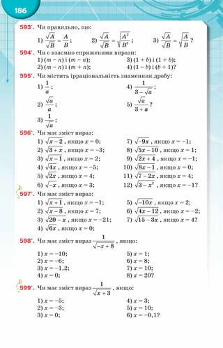 186
593'.	 Чи правильно, що:
1) =
A A
B
B
; 2) =
2
2
A A
B
B
; 3) =
A A
B
B
?
594'.	 Чи є взаємно спряженими вирази:
1) (m – n) і (m – n);	 3) (1 + b) і (1 + b);
2) (m – n) і (m + n);	 4) (1 – b) і (b + 1)?
595'.	 Чи містить ірраціональність знаменник дробу:
1)
1
a
;	 4)
−
1
3 a
;
2)
a
a
;	 5)
+
3
a
a
?
3)
1
à
;
596°.	 Чи має зміст вираз:
1) − 2
õ , якщо х = 0;	 7) −9õ , якщо х = –1;
2) +
3 õ , якщо х = –3;	 8) −
5 10
õ , якщо х = 1;
3) − 1
õ , якщо х = 2;	 9) +
2 4
õ , якщо х = –1;
4) 4õ , якщо х = –5;	 10) −
8 1
õ , якщо х = 0;
5) 2õ , якщо х = 4;	 11) −
7 2õ , якщо х = 4;
6) −õ , якщо х = 3;	 12) 2
3 õ
− , якщо х = –1?
597°.	 Чи має зміст вираз:
1) + 1
õ , якщо х = –1;	 5) −10õ , якщо х = 2;
2) − 8
õ , якщо х = 7;	 6) −
4 12
õ , якщо х = –2;
3) −
20 x , якщо х = –21;	 7) −
15 3õ , якщо х = 4?
4) 6õ , якщо х = 0;
598°.	 Чи має зміст вираз
− +
1
8
x
, якщо:
1) х = –10;	 5) х = 1;
2) х = –6;	 6) х = 8;
3) х = –1,2;	 7) х = 10;
4) х = 0;	 8) х = 20?
599°.	 Чи має зміст вираз
+
1
3
x
, якщо:
1) х = –5;	 4) х = 3;
2) х = –3;	 5) х = 10;
3) х = 0;	 6) х = –0,1?
 