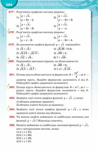 206
677°.	 Розв’яжіть графічно систему рівнянь:
1)
 =


= −


y x
y x
,
2 1;
	 3)
 =


=
− +


y x
y x
,
2 3;
2)
 =


= −


y x
y x
,
2 6;
	 4)
,
.
y x
y x
 =


= −


678°.	 Розв’яжіть графічно систему рівнянь:
1)
 =


= −


y x
y x
,
2;
	 2)
 =


=
− +


y x
y x
,
3 4.
679°.	 За допомогою графіка функції y x
= порівняйте:
1) 3 і 5 ;	 4) 0,36 і 0,6;
2) 0,12 і 0,17 ;	 5) 30 і 5;
3) 12 і 8 ;	 6) 7 і 56 .
680°.	 Порівняйте значення виразів, не обчислюючи їх:
1) 6 і 2 ;	 3) 60 і 8;
2) 2,5 і 2,7 ;	 4) 1,2 і 1,44 .
681.	 Площа круга обчислюється за формулою
2
4
d
S
π
= , де d —
діаметр круга. Задайте формулою залежність d від S.
Побудуйте графік одержаної залежності.
682.	 Площа круга обчислюється за формулою 2
S r
= π , де r —
радіус круга. Задайте формулою залежність r від S.
Побудуйте графік одержаної залежності.
683.	 Знайдіть такі точки графіка функції y x
= , у яких:
1) абсциса дорівнює ординаті;
2) абсциса утричі більша за ординату.
684.	 Знайдіть такі точки графіка функції y x
= , у яких
ордината удвічі менша від абсциси.
685.	 Чи можна знайти найменше та найбільше значення для
функції y x
= ? Відповідь поясніть.
686.	 Назвіть найменше та найбільше значення функції y x
= ,
яке є натуральним числом, якщо:
1) 4 ≤ х ≤ 25;
2) 0 ≤ х ≤ 80;
3) 6 ≤ х ≤ 20;
4) 9 ≤ х ≤ 22.
 