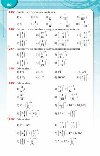 80
245°.	 Знайдіть а–2
, якщо а дорівнює:
1) 2;	 3) 10; 	 5)
1
5
;	 7)
1
10
;	 9)
1
100
;
2) 5;	 4)
1
2
; 	 6)
1
6
;	 8)
1
–
10
; 10) –
1
100
.
246°.	 Запишіть як степінь з натуральним показником:
1)
4
1
3
−
 
 
 
;	 3)
6
2
3
−
 
 
 
;	 5)
9
4
11
−
 
−
 
 
;	 7)
10
5
7
−
 
−
 
 
;
2)
5
1
7
−
 
 
 
;	 4)
2
1
19
−
 
 
 
;	 6)
31
1
21
−
 
−
 
 
;	 8)
3
3
7
−
 
−
 
 
.
247°.	 Запишіть як степінь з натуральним показником:
1)
1
1
5
−
 
 
 
;	 3)
6
1
9
−
 
 
 
;	 5)
5
1
27
−
 
 
 
;
2)
3
1
2
−
 
 
 
;	 4)
8
1
10
−
 
 
 
;	 6)
9
1
6
−
 
−
 
 
.
248°.	 Обчисліть:
1) 1–2
;	 3) 10
;	 5) 30
;	 7) 1,70
;
2) 1–15
;	 4) 1–100
;	 6) 10000
;	 8)
0
4
5
7
 
 
 
.
249°.	 Обчисліть:
1) 2
3
5−
;		 5)
1
1
3
−
 
 
 
+
1
1
6
−
 
 
 
;
2)
1
5
3
−
;		 6) –
1
1
31
−
 
 
 
–
1
1
9
−
 
 
 
;
3) 40
–
1
1
8
−
 
 
 
;		 7)
1
1
10
−
 
 
 
+ 10–1
+ 10,010
;
4)
0
1
7
8
 
 
 
+
0
1
8
7
 
 
 
; 	 8) 2–1
+ 1–1
+
1
1
5
−
 
 
 
.
250°.	 Обчисліть:
1) 60
+ 120
;			 4) –
1
1
14
−
 
 
 
–
1
1
16
−
 
 
 
;
2)
0
3
5
4
 
 
 
+
1
1
4
−
 
 
 
;		 5)
0
2
7
3
 
 
 
+ 4–1
+ 5,750
;
3)
1
1
2
−
 
 
 
+
1
1
5
−
 
 
 
; 	 	
6) 5–1
– 1–1
–
1
1
3
−
 
 
 
.
 