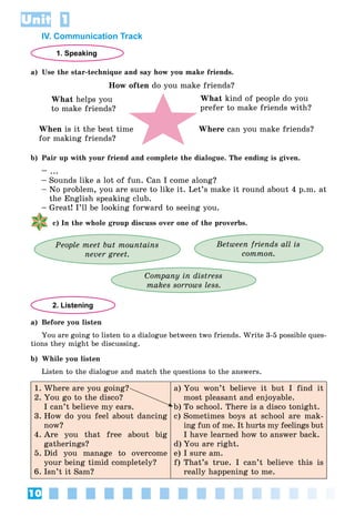 10
Unit 1
IV. Communication Track
1. Speaking
a) Use the star-technique and say how you make friends.
How often do you make friends?
What helps you
to make friends?
What kind of people do you
prefer to make friends with?
Where can you make friends?
When is it the best time
for making friends?
b) Pair up with your friend and complete the dialogue. The ending is given.
– ...
 Sounds like a lot of fun. Can I come along?
 No problem, you are sure to like it. Let’s make it round about 4 p.m. at
the English speaking club.
 Great! I’ll be looking forward to seeing you.
c) In the whole group discuss over one of the proverbs.
People meet but mountains
never greet.
Between friends all is
common.
Company in distress
makes sorrows less.
2. Listening
a) Before you listen
You are going to listen to a dialogue between two friends. Write 3-5 possible ques-
tions they might be discussing.
b) While you listen
Listen to the dialogue and match the questions to the answers.
1. Where are you going?
2. You go to the disco?
I can’t believe my ears.
3. How do you feel about dancing
now?
4. Are you that free about big
gatherings?
5. Did you manage to overcome
your being timid completely?
6. Isn’t it Sam?
a) You won’t believe it but I find it
most pleasant and enjoyable.
b) To school. There is a disco tonight.
c) Sometimes boys at school are mak-
ing fun of me. It hurts my feelings but
I have learned how to answer back.
d) You are right.
e) I sure am.
f) That’s true. I can’t believe this is
really happening to me.
 