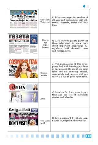 113
4.1
The Daily
Telegraph
b) It’s a newspaper for readers of
all ages and professions with dif-
ferent interests, tastes and hob-
bies.
Ãàçåòà
ïî
óêðà-
їíñüêè
c) It’s a serious quality paper for
those who want to know more
about important happenings ev-
erywhere, both domestic news
and foreign news.
Cosmo-
politan
d) The publications of this news-
paper deal with burning problems
of our present life and at the same
time contain amusing stories,
crosswords and puzzles that can
entertain you in your spare time.
Äåíü
e) It caters for Americans leisure
time and has lots of incredible
stories and adverbs.
The Daily
Mail
f) It’s a standard by which jour-
nalism is judged in the country.
 