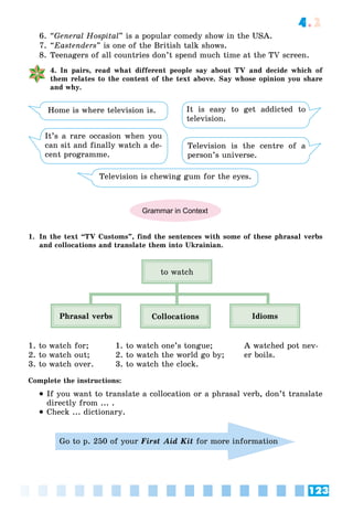 123
4.2
6. “General Hospital” is a popular comedy show in the USA.
7. “Eastenders” is one of the British talk shows.
8. Teenagers of all countries don’t spend much time at the TV screen.
4. In pairs, read what different people say about TV and decide which of
them relates to the content of the text above. Say whose opinion you share
and why.
Home is where television is. It is easy to get addicted to
television.
It’s a rare occasion when you
can sit and finally watch a de-
cent programme.
Television is the centre of a
person’s universe.
Television is chewing gum for the eyes.
Grammar in Context
1. In the text “TV Customs”, find the sentences with some of these phrasal verbs
and collocations and translate them into Ukrainian.
to watch
Phrasal verbs Collocations Idioms
1. to watch for;
2. to watch out;
3. to watch over.
1. to watch one’s tongue;
2. to watch the world go by;
3. to watch the clock.
A watched pot nev-
er boils.
Complete the instructions:
 If you want to translate a collocation or a phrasal verb, don’t translate
directly from ... .
 Check ... dictionary.
Go to p. 250 of your First Aid Kit for more information
 