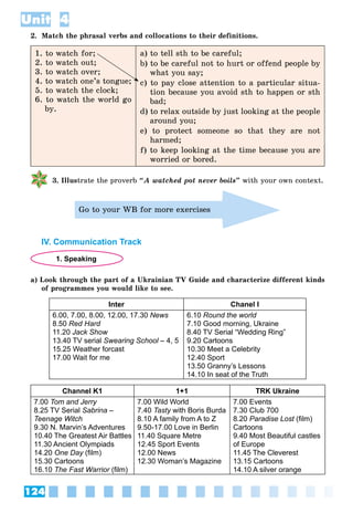 124
Unit 4
2. Match the phrasal verbs and collocations to their definitions.
1. to watch for;
2. to watch out;
3. to watch over;
4. to watch one’s tongue;
5. to watch the clock;
6. to watch the world go
by.
a) to tell sth to be careful;
b) to be careful not to hurt or offend people by
what you say;
c) to pay close attention to a particular situa-
tion because you avoid sth to happen or sth
bad;
d) to relax outside by just looking at the people
around you;
e) to protect someone so that they are not
harmed;
f) to keep looking at the time because you are
worried or bored.
3. Illustrate the proverb “A watched pot never boils” with your own context.
Go to your WB for more exercises
IV. Communication Track
1. Speaking
a) Look through the part of a Ukrainian TV Guide and characterize different kinds
of programmes you would like to see.
Inter Chanel I
6.00, 7.00, 8.00, 12.00, 17.30 News
8.50 Red Hard
11.20 Jack Show
13.40 TV serial Swearing School – 4, 5
l
15.25 Weather forcast
17.00 Wait for me
6.10 Round the world
7.10 Good morning, Ukraine
8.40 TV Serial “Wedding Ring”
9.20 Cartoons
10.30 Meet a Celebrity
12.40 Sport
13.50 Granny’s Lessons
14.10 In seat of the Truth
Channel K1 1+1 TRK Ukraine
7.00 Tom and Jerry
8.25 TV Serial Sabrina –
Teenage Witch
9.30 N. Marvin’s Adventures
10.40 The Greatest Air Battles
11.30 Ancient Olympiads
14.20 One Day (film)
15.30 Cartoons
16.10 The Fast Warrior
W
W (film)
r
7.00 Wild World
7.40 Tasty with Boris Burda
y
8.10 A family from A to Z
9.50-17.00 Love in Berlin
11.40 Square Metre
12.45 Sport Events
12.00 News
12.30 Woman’s Magazine
7.00 Events
7.30 Club 700
8.20 Paradise Lost (film)
t
Cartoons
9.40 Most Beautiful castles
of Europe
11.45 The Cleverest
13.15 Cartoons
14.10 A silver orange
 
