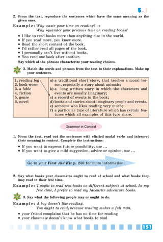 151
5.1
2. From the text, reproduce the sentences which have the same meaning as the
given ones.
E x a m p l e : Why waste your time on reading? 
Why squander your precious time on reading books?
 I like to read books more than anything else in the world.
 If you read more, you know more.
 Read the short content of the book.
 I’d rather read all pages of the book.
 I personally can’t live without books.
 You read one book after another.
Say which of the phrases characterize your reading choices.
3. Match the words and phrases from the text to their explanations. Make up
your sentences.
1. reading log
2. book-worm
3. a fable
4. fiction
5. genre
6. novel
a) a traditional short story, that teaches a moral les-
son, especially a story about animals;
b) a long written story in which the characters and
events are usually imaginary;
c) a record of events in the book;
d) books and stories about imaginary people and events.
e) someone who likes reading very much;
f) a particular type of literature which has certain fea-
tures which all examples of this type share.
Grammar in Context
1. From the text, read out the sentences with elicited modal verbs and interpret
their meaning in context. Complete the instructions:
 If you want to express future possibility, use ...
 If you want to give a mild suggestion, advice or opinion, use ...
Go to your First Aid Kit p. 250 for more information
2. Say what books your classmates ought to read at school and what books they
may read in their free time.
E x a m p l e : I ought to read text-books on different subjects at school. In my
free time, I prefer to read my favourite adventure books.
3. Say what the following people may or ought to do.
E x a m p l e : A boy doesn’t like reading.
You ought to read, because reading makes a full man.
 your friend complains that he has no time for reading
 your classmate doesn’t know what books to read
 