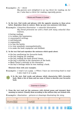 157
5.2
E x a m p l e : /θ/ – thirst
My parents were delighted to see my thirst for reading. As for
me, I also have a thirst for reading, especially poems.
Words and Phrases in Context
1. In the text, find words and phrases with the opposite meaning to those given
below. Reproduce them in context. Make up your own sentences with them.
E x a m p l e : Colourless illustration  colourful illustration.
My friend presented me with a book with many colourful illus-
trations.
 boring reading;
 to weaken the impression;
 unsuccessful writing;
 well-behaved;
 responsible;
 to lose the battle;
 to view somebody unsympathetically;
 to make the book unpopular and disliked.
2. In the text find and reproduce the sentences which speak about:
 the boy swallowing his favourite book;
 the boy longing for reading;
 the boy reading the book several times;
 the boy’s attitude to the characters of the book;
 Mark Twain’s attitude to his character;
 the boy’s feelings while he was reading a book.
Illustrate them with your examples.
E x a m p l e : I read it at a gulp.  When I have an interesting book to read
I also read it at a gulp.
3. In the text, find words and phrases which characterize Bill’s favourite
book. Make a list of them and use some of them to describe your favourite
book.
Grammar in Context
1. From the text read out the sentences with elicited nouns and interpret their
meaning in context. Classify them according to the suffixes they are formed with.
E x a m p l e : illustration – pictures or drawings illustrating the story
? ? ?
illustra tion read er
 