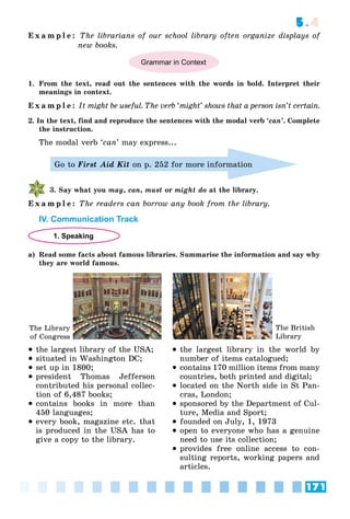 171
5.4
E x a m p l e : The librarians of our school library often organize displays of
new books.
Grammar in Context
1. From the text, read out the sentences with the words in bold. Interpret their
meanings in context.
E x a m p l e : It might be useful. The verb ‘might’ shows that a person isn’t certain.
2. In the text, find and reproduce the sentences with the modal verb ‘can’. Complete
the instruction.
The modal verb ‘can’ may express...
Go to First Aid Kit on p. 252 for more information
3. Say what you may, can, must or might do at the library.
E x a m p l e : The readers can borrow any book from the library.
IV. Communication Track
1. Speaking
a) Read some facts about famous libraries. Summarise the information and say why
they are world famous.
 the largest library of the USA;
 situated in Washington DC;
 set up in 1800;
 president Thomas Jefferson
contributed his personal collec-
tion of 6,487 books;
 contains books in more than
450 languages;
 every book, magazine etc. that
is produced in the USA has to
give a copy to the library.
 the largest library in the world by
number of items catalogued;
 contains 170 million items from many
countries, both printed and digital;
 located on the North side in St Pan-
cras, London;
 sponsored by the Department of Cul-
ture, Media and Sport;
 founded on July, 1, 1973
 open to everyone who has a genuine
need to use its collection;
 provides free online access to con-
sulting reports, working papers and
articles.
The Library
of Congress
The British
Library
 