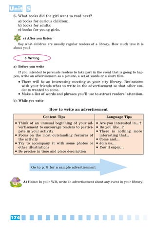 174
Unit 5
6. What books did the girl want to read next?
a) books for curious children;
b) books for adults;
c) books for young girls.
c) After you listen
Say what children are usually regular readers of a library. How much true it is
about you?
3. Writing
a) Before you write
If you intended to persuade readers to take part in the event that is going to hap-
pen, write an advertisement as a picture, a set of words or a short film.
 There will be an interesting meeting at your city library. Brainstorm
with your friends what to write in the advertisement so that other stu-
dents wanted to come.
 Make a list of words and phrases you’ll use to attract readers’ attention.
b) While you write
How to write an advertisement
Content Tips Language Tips
 Think of an unusual beginning of your ad-
vertisement to encourage readers to partici-
pate in your activity
 Focus on the most outstanding features of
the activity
 Try to accompany it with some photos or
other illustrations
 Be precise in time and place description
 Are you interested in...?
 Do you like…?
 There is nothing more
interesting that…
 Come and...
 Join us...
 You’ll enjoy...
Go to p. 8 for a sample advertisement
At Home: In your WB, write an advertisement about any event in your library.
 