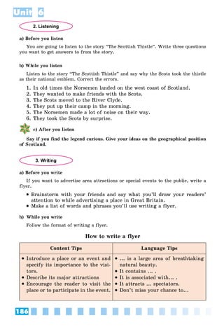186
Unit 6
2. Listening
a) Before you listen
You are going to listen to the story “The Scottish Thistle”. Write three questions
you want to get answers to from the story.
b) While you listen
Listen to the story “The Scottish Thistle” and say why the Scots took the thistle
as their national emblem. Correct the errors.
1. In old times the Norsemen landed on the west coast of Scotland.
2. They wanted to make friends with the Scots.
3. The Scots moved to the River Clyde.
4. They put up their camp in the morning.
5. The Norsemen made a lot of noise on their way.
6. They took the Scots by surprise.
c) After you listen
Say if you find the legend curious. Give your ideas on the geographical position
of Scotland.
3. Writing
a) Before you write
If you want to advertise area attractions or special events to the public, write a
flyer.
 Brainstorm with your friends and say what you’ll draw your readers’
attention to while advertising a place in Great Britain.
 Make a list of words and phrases you’ll use writing a flyer.
b) While you write
Follow the format of writing a flyer.
How to write a flyer
Content Tips Language Tips
 Introduce a place or an event and
specify its importance to the visi-
tors.
 Describe its major attractions
 Encourage the reader to visit the
place or to participate in the event.
 ... is a large area of breathtaking
natural beauty.
 It contains ... .
 It is associated with... .
 It attracts ... spectators.
 Don’t miss your chance to...
 