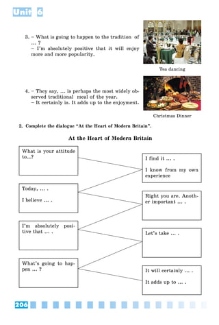 206
Unit 6
3. – What is going to happen to the tradition of
... ?
– I’m absolutely positive that it will enjoy
more and more popularity.
Tea dancing
4. – They say, ... is perhaps the most widely ob-
served traditional meal of the year.
– It certainly is. It adds up to the enjoyment.
Christmas Dinner
2. Complete the dialogue “At the Heart of Modern Britain”.
At the Heart of Modern Britain
What is your attitude
to…? I find it ... .
I know from my own
experience
Today, ... .
I believe ... .
Right you are. Anoth-
er important ... .
I’m absolutely posi-
tive that ... . Let’s take ... .
What’s going to hap-
pen ... ? It will certainly ... .
It adds up to ... .
 