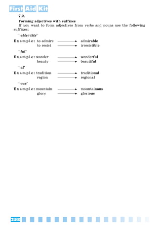 258
First Aid Kit
7.2.
Forming adjectives with suffixes
If you want to form adjectives from verbs and nouns use the following
suffixes:
‘-able/-ible’
E x a m p l e : to admire admirable
to resist irresistible
‘-ful’
E x a m p l e : wonder wonderful
beauty beautiful
‘-al’
E x a m p l e : tradition traditional
region regional
‘-ous’
E x a m p l e : mountain mountainous
glory glorious
 