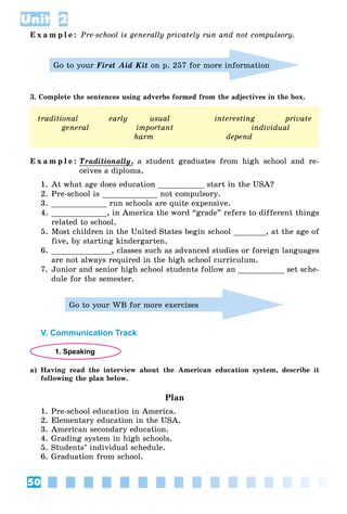 50
Unit 2
E x a m p l e : Pre-school is generally privately run and not compulsory.
Go to your First Aid Kit on p. 257 for more information
3. Complete the sentences using adverbs formed from the adjectives in the box.
traditional early usual interesting private
general important individual
harm depend
E x a m p l e : Traditionally,
y a student graduates from high school and re-
ceives a diploma.
1. At what age does education __________ start in the USA?
2. Pre-school is ____________ not compulsory.
3. ____________ run schools are quite expensive.
4. ____________, in America the word “grade” refers to different things
related to school.
5. Most children in the United States begin school _______, at the age of
five, by starting kindergarten.
6. _____________, classes such as advanced studies or foreign languages
are not always required in the high school curriculum.
7. Junior and senior high school students follow an __________ set sche-
dule for the semester.
Go to your WB for more exercises
V. Communication Track
1. Speaking
a) Having read the interview about the American education system, describe it
following the plan below.
Plan
1. Pre-school education in America.
2. Elementary education in the USA.
3. American secondary education.
4. Grading system in high schools.
5. Students’ individual schedule.
6. Graduation from school.
 