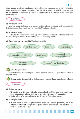 59
2.3
ting female students to choose either skirts or trousers while still requiring
male students to wear trousers. The use of a blazer or suit-like jacket for
either gender is also fairly common, especially in countries with relatively
cold weather.
2. Listening
a) Before you listen
You are going to listen to a teacher talking about punishing and rewarding in
British schools. Say which ways are used in Ukrainian schools.
b) While you listen
Listen to the teacher’s talk and say which of these words stand for rewards and
which – for punishment. Give context for the following words.
a) Say which ways are used in Ukrainian schools.
detention sticker chart suspension
time out
removal of privileges expulsion
increased
autonomy
increased
responsibility
house/reward points
c) After you listen
Say what advice you would give to a new pupil on reward and punishment schemes
in your school.
Group up for the project to design your own reward and punishment scheme.
3. Writing
a) Before you write
 Brainstorm with your friends what school problem can represent com-
mon subjects of advice seeking letters to a teenagers’ magazine.
 Make a list of words/phrases you’ll use to formulate them.
b) While you write
 If you want to ask for professional help on a school problem, write an
informal letter of complaint to your school counsellor. Follow the for-
mat of the letter below.
 