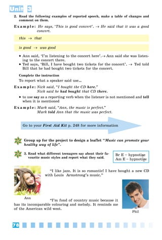78
Unit 3
2. Read the following examples of reported speech, make a table of changes and
comment on them.
E x a m p l e : He says, ‘This is good concert’.  He said that it was a good
concert.
 Ann said, ‘I’m listening to the concert here’. Ann said she was listen-
ing to the concert there.
 Ted says, ‘Bill, I have bought two tickets for the concert’.  Ted told
Bill that he had bought two tickets for the concert.
Complete the instruction
To report what a speaker said use…
E x a m p l e : Nick said, “I bought the CD here.”
Nick said he had bought that CD there.
 to use say as a reporting verb when the listener is not mentioned and tell
when it is mentioned
E x a m p l e : Mark said, “Ann, the music is perfect.”
Mark told Ann that the music was perfect.
Go to your First Aid Kit p. 248 for more information
Group up for the project to design a leaflet “Music can promote your
healthy way of life”.
3. Read what different teenagers say about their fa-
vourite music styles and report what they said.
“I like jazz. It is so romantic! I have bought a new CD
with Louis Armstrong’s music.”
“I’m fond of ñountry music because it
has its incomparable colouring and melody. It reminds me
of the American wild west.
this  that
is good  was good
Br E – hypnotise
Am E – hypnotize
Phil
Ann
 