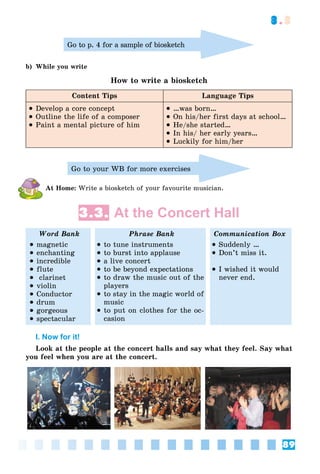 89
3.3
Go to p. 4 for a sample of biosketch
b) While you write
How to write a biosketch
Content Tips Language Tips
 Develop a core concept
 Outline the life of a composer
 Paint a mental picture of him
 …was born…
 On his/her first days at school…
 He/she started…
 In his/ her early years…
 Luckily for him/her
Go to your WB for more exercises
At Home: Write a biosketch of your favourite musician.
3.3. At the Concert Hall
Word Bank Phrase Bank Communication Box
 magnetic
 enchanting
 incredible
 flute
 clarinet
 violin
 Conductor
 drum
 gorgeous
 spectacular
 to tune instruments
 to burst into applause
 a live concert
 to be beyond expectations
 to draw the music out of the
players
 to stay in the magic world of
music
 to put on clothes for the oc-
casion
 Suddenly …
 Don’t miss it.
 I wished it would
never end.
I. Now for it!
Look at the people at the concert halls and say what they feel. Say what
you feel when you are at the concert.
 
