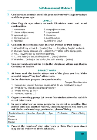 141
Lesson 56
3.	 Compare and contrast the life in your native town/village nowadays
and three years ago.
LEVEL 3
1.	 Give English equivalents to each Ukrainian word and word
combination.
1. населення			 6. географічна назва
2. рівень забруднення		 7. старовинний
3. вуличний рух			 8. пішоходи
4. розташування			 9. дорога, шлях
5. прилади			 10. визначні місця
2.	 Complete the sentences with the Past Perfect or Past Simple.
1. When I left my school, I ... (realise) that I ... (forget) my English textbook.
2. She was happy because she ... (take) the 1st
place in the competition.
3. He ... (buy) the car by the time I got there.
4. I ... (not listen) to the joke because I ... (hear) it before.
5. When he ... (arrive) at the station, his train already ... (leave).
3.	 Compare and contrast the life in the Ukrainian village and that in
Germany or France.
PROJECT WORK
1.	 At home rank the tourist attractions of the place you live. Make
a tourist map of “top ten” attractions.
2.	 In the classroom prepare the questionnaire.
Sample Questionnaire
1.	 Excuse me. Look at the map,	please.	
What do you most want to see?
2.	 What do you intend seeing/doing/visiting?
3.	 Where will you go first?
4.	 Have you been to ... ?
3.	 Organize working groups (of two or four students) for the real-life
street interviews.
4.	 In pairs interview as many people in the street as possible. One
person talks and another records, then change roles. You may also
ask the interviewee’s age, profession, place of living.
Tourist attraction Number of people Age Profession Place of living
Castle
Museum
Market
5. 	 Present the results of your interviews in class. Place your street
map on the wall or on the blackboard.
Self-Assessment Module 5
 
