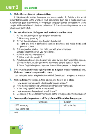 186
My School
UNIT 7
4.	 Make the sentences interrogative.
1. Ukrainian dominates business and mass media. 2. Polish is the most
influential language in the world. 3. I will send more than 120 e-mails next year.
4. Tania was good at swimming. 5. We played language games last lesson. 6. Many
people will have billions in the third millennium. 7. I am translating sentences from
Ukrainian into English.
5.	 Act out the short dialogues and make up similar ones.
1.	 A: Two thousand years ago English didn’t exist.
B: How many years ago?
2.	 A: Two thousand years ago English didn’t exist.
B: Right. But now it dominates science, business, the mass media and
popular culture.
3.	 A: I am good at Maths. I can help you with your hometask.
B: Good idea! When will you have time?
4.	 A: What are you interested in?
B: What am I interested in?
5.	 A: A thousand years ago English was used by less than two million people.
B: You are right. But do you know how many people speak it now?
A: Sure. English is spoken by more than a billion people on the planet now.
6.	 Write German/French equivalents to English word combinations.
Make up three dialogues with them.
I can help you. What are you interested in? Good idea. I am good at History.
7.	 Make a library research. Use questions below as a plan.
1.	 How many years ago did Ukrainian language appear?
2.	 How many people used Ukrainian one thousand years ago?
3.	 Is this language influential in the world?
4.	 How many people on planet speak it now?
5.	 Do people in the world learn Ukrainian as the first, second or third language?
8.	 Compare the importance of English and Ukrainian languages.
Ukrainian English
2000 years ago did not exist
1000 years ago
now
 