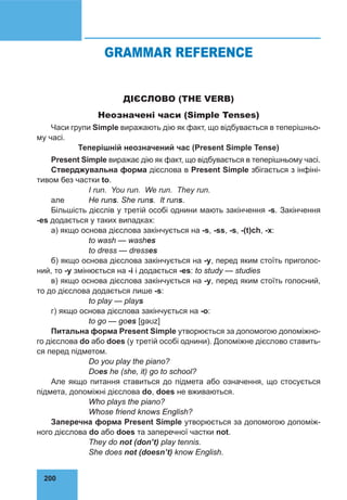 200
GRAMMAR REFERENCE
ДІЄСЛОВО (THE VERB)
Неозначені часи (Simple Tenses)
Часи групи Simple виражають дію як факт, що відбувається в теперішньо-
му часі.
Теперішній неозначений час (Present Simple Tense)
Present Simple виражає дію як факт, що відбувається в теперішньому часі.
Стверджувальна форма дієслова в Present Simple збігається з інфіні-
тивом без частки to.
		 І run. You run. We run. They run.
але	 He runs. She runs. It runs.
Більшість дієслів у третій особі однини мають закінчення -s. Закінчення
-es додається у таких випадках:
а) якщо основа дієслова закінчується на -s, -ss, -s, -(t)ch, -x:
		 to wash — washes
		 to dress — dresses
б) якщо основа дієслова закінчується на -у, перед яким стоїть приголос-
ний, то -у змінюється на -і і додається -es: to study — studies
в) якщо основа дієслова закінчується на -у, перед яким стоїть голосний,
то до дієслова додається лише -s:
		 to play — plays
г) якщо основа дієслова закінчується на -о:
		 to go — goes [ɡəʊz]
Питальна форма Present Simple утворюється за допомогою допоміжно-
го дієслова do або does (у третій особі однини). Допоміжне дієслово ставить-
ся перед підметом.
		 Do you play the piano?
		 Does he (she, it) go to school?
Але якщо питання ставиться до підмета або означення, що стосується
підмета, допоміжні дієслова do, does не вживаються.
		 Who plays the piano?
		 Whose friend knows English?
Заперечна форма Present Simple утворюється за допомогою допоміж-
ного дієслова do або does та заперечної частки not.
		 They do not (don’t) play tennis.
		 She does not (doesn’t) know English.
 