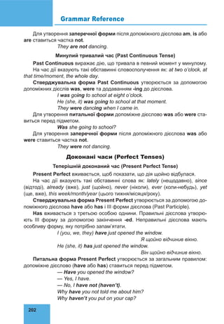 202
Grammar Reference
Для утворення заперечної форми після допоміжного дієслова am, is або
are ставиться частка not.
		 They are not dancing.
Минулий тривалий час (Past Continuous Tense)
Past Continuous виражає дію, що тривала в певний момент у минулому.
На час дії вказують такі обставинні словосполучення як: at two o’clock, at
that time/moment, the whole day.
Стверджувальна форма Past Continuous утворюється за допомогою
допоміжних дієслів was, were та додаванням -іng до дієслова.
		 І was going to school at eight o’clock.
		 Не (she, it) was going to school at that moment.
		 They were dancing when I came in.
Для утворення питальної форми допоміжне дієслово was або were ста-
виться перед підметом.
		 Was she going to school?
Для утворення заперечної форми після допоміжного дієслова was або
were ставиться частка not.
		 They were not dancing.
Доконані часи (Perfect Tenses)
Теперішній доконаний час (Present Perfect Tense)
Present Perfect вживається, щоб показати, що дія щойно відбулася.
На час дії вказують такі обставинні слова як: lately (нещодавно), since
(відтоді), already (вже), just (щойно), never (ніколи), ever (коли-небудь), yet
(ще, вже), this week/month/year (цього тижня/місяця/року).
Стверджувальна форма Present Perfect утворюється за допомогою до-
поміжного дієслова have або has і III форми дієслова (Past Participle).
Has вживається з третьою особою однини. Правильні дієслова утворю-
ють III форму за допомогою закінчення -ed. Неправильні дієслова мають
особ­
ливу форму, яку потрібно запам’ятати.
		 І (you, we, they) have just opened the window.
							 Я щойно відчинив вікно.
		 Не (she, it) has just opened the window.
							 Він щойно відчинив вікно.
Питальна форма Present Perfect утворюється за загальним правилом:
допоміжне дієслово (have або has) ставиться перед підметом.
		 — Have you opened the window?
		 — Yes, I have.
		 — No, I have not (haven’t).
		 Why have you not told me about him?
		 Why haven’t you put on your cap?
 