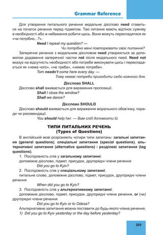 205
Grammar Reference 76
Для утворення питального речення модальне дієслово need ставить-
ся на початок речення перед підметом. Такі питання мають відтінок сумніву
в необ­
хідності або ж небажання робити щось. Вони можуть перекладатися як
«чи потрібно...?».
		 Need I repeat my question? —
				 Чи потрібно мені повторювати своє питання?
Заперечне речення з модальним дієсловом need утворюється за допо-
могою додавання заперечної частки not після модального need. Need not
вказує на відсутність необхідності або потреби виконувати щось і переклада-
ється як «нема чого», «не треба», «немає потреби».
		 Tom needn’t come here every day. —
Тому немає потреби приходити сюди кожного дня.
Дієслово SHALL
Дієслово shall вживається для вираження пропозиції.
		 Shall I close the window?
		 Shall we dance?
Дієслово SHOULD
Дієслово should вживається для вираження морального обов’язку, пора-
ди чи рекомендації.
		 You should help her. — Вам слід допомогти їй.
ТИПИ ПИТАЛЬНИХ РЕЧЕНЬ
(Types of Questions)
В англійській мові розрізняють чотири типи запитань: загальні запитан-
ня (general questions), спеціальні запитання (special questions), аль-
тернативні запитання (alternative questions) і розділові запитання (tag
questions).
1. Послідовність слів у загальному запитанні:
допоміжне дієслово, підмет, присудок, другорядні члени речення
		 Did you go to Kyiv?
2. Послідовність слів у спеціальному запитанні:
питальне слово, допоміжне дієслово, підмет, присудок, другорядні члени
речення
		 When did you go to Kyiv?
3. Послідовність слів у альтернативному запитанні:
допоміжне дієслово, підмет, присудок, другорядні члени речення, or (чи)
другорядні члени речення
		 Did you go to Kyiv or to Odesa?
Альтернативне запитання можна поставити до будь-якого члена речення.
1) Did you go to Kyiv yesterday or the day before yesterday?
 