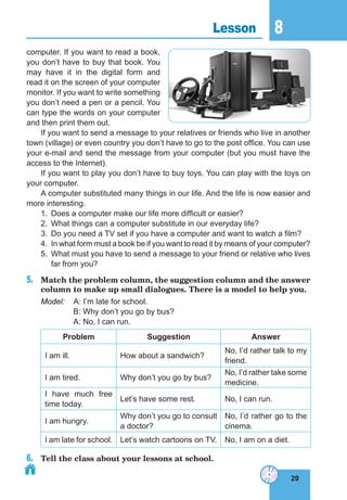 29
8
29
Lesson 8
computer. If you want to read a book,
you don’t have to buy that book. You
may have it in the digital form and
read it on the screen of your computer
monitor. If you want to write something
you don’t need a pen or a pencil. You
can type the words on your computer
and then print them out.
If you want to send a message to your relatives or friends who live in another
town (village) or even country you don’t have to go to the post office. You can use
your e-mail and send the message from your computer (but you must have the
access to the Internet).
If you want to play you don’t have to buy toys. You can play with the toys on
your computer.
A computer substituted many things in our life. And the life is now easier and
more interesting.
1.	 Does a computer make our life more difficult or easier?
2.	 What things can a computer substitute in our everyday life?
3.	 Do you need a TV set if you have a computer and want to watch a film?
4.	 In what form must a book be if you want to read it by means of your computer?
5.	 What must you have to send a message to your friend or relative who lives
far from you?
5.	 Match the problem column, the suggestion column and the answer
column to make up small dialogues. There is a model to help you.
Model:	 A: I’m late for school.
	 B: Why don’t you go by bus?
	 A: No, I can run.
Problem Suggestion Answer
I am ill. How about a sandwich?
No, I’d rather talk to my
friend.
I am tired. Why don’t you go by bus?
No, I’d rather take some
medicine.
I have much free
time today.
Let’s have some rest. No, I can run.
I am hungry.
Why don’t you go to consult
a doctor?
No, I’d rather go to the
cinema.
I am late for school. Let’s watch cartoons on TV. No, I am on a diet.
6.	 Tell the class about your lessons at school.
 