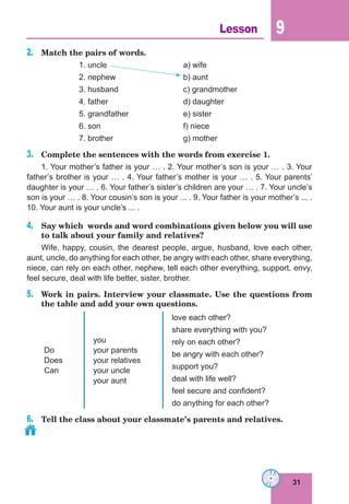 31
Lesson 9
2.	 Match the pairs of words.
		1. uncle			a) wife
		2. nephew			b) aunt
		3. husband			c) grandmother
		4. father			d) daughter
		5. grandfather			e) sister
		6. son 				f) niece
		7. brother			g) mother
3.	 Complete the sentences with the words from exercise 1.
1. Your mother’s father is your … . 2. Your mother’s son is your … . 3. Your
father’s brother is your … . 4. Your father’s mother is your … . 5. Your parents’
daughter is your … . 6. Your father’s sister’s children are your … . 7. Your uncle’s
son is your … . 8. Your cousin’s son is your ... . 9. Your father is your mother’s ... .
10. Your aunt is your uncle’s ... .
4.	 Say which words and word combinations given below you will use
to talk about your family and relatives?
Wife, happy, cousin, the dearest people, argue, husband, love each other,
aunt, uncle, do anything for each other, be angry with each other, share everything,
niece, can rely on each other, nephew, tell each other everything, support, envy,
feel secure, deal with life better, sister, brother.
5.	 Work in pairs. Interview your classmate. Use the questions from
the table and add your own questions.
Do
Does
Can
you
your parents
your relatives
your uncle	
your aunt
love each other?
share everything with you?
rely on each other?
be angry with each other?
support you?
deal with life well?
feel secure and confident?
do anything for each other?
6.	 Tell the class about your classmate’s parents and relatives.
 
