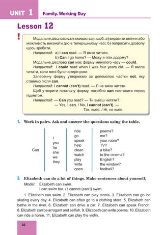 36
UNIT 1
Lesson 12
! Модальне дієслово саn вживається, щоб: a) виразити вміння або
можливість виконати дію в теперішньому часі; б) попросити дозволу
щось зробити.
Наприклад: a) I can read. — Я вмію читати.
		 b) Can I go home? — Можу я піти додому?
Модальне дієслово can має форму минулого часу — could.
Наприклад: I could read when I was four years old. — Я вміла
читати, коли мені було чотири роки.
Заперечну форму утворюємо за допомогою частки not, яку
ставимо після can.
Наприклад: I cannot (can’t) read. — Я не вмію читати.
Щоб утворити питальну форму, потрібно can поставити перед
підметом.
Наприклад: — Can you read? — Ти вмієш читати?
— Yes, I can. / No, I cannot (can’t). —
					 Так, вмію. / Ні, не вмію.
1.	 Work in pairs. Ask and answer the questions using the table.
Can
I
you
he
she
we
they
ride
go
speak
help
clean
watch
play
write
open
poems?
me?
your room?
TV?
a bike?
to the cinema?
English?
the window?
foolball?
2.	 Elizabeth can do a lot of things. Make sentences about yourself.
Model:	 Elizabeth can swim.
	 I can swim too. / I cannot (can’t) swim.
1. Elizabeth can swim. 2. Elizabeth can play tennis. 3. Elizabeth can go ice
skating every day. 4. Elizabeth can often go to a clothing store. 5. Elizabeth can
bathe in the river. 6. Elizabeth can drive a car. 7. Elizabeth can speak French.
8. Elizabeth can be arrogant and selfish. 9. Elizabeth can write poems. 10. Elizabeth
can ride a horse. 11. Elizabeth can play the violin.
Family. Working Day
 