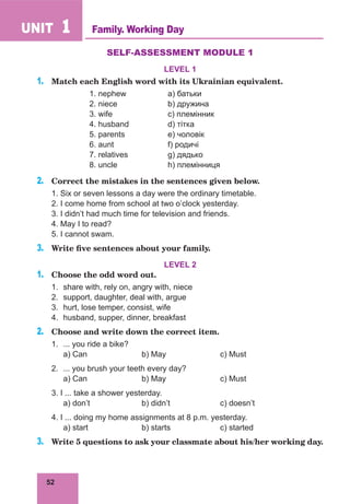 52
UNIT 1
SELF-ASSESSMENT MODULE 1
LEVEL 1
1.	 Match each English word with its Ukrainian equivalent.
		 1. nephew		 а) батьки
		 2. niece		 b) дружина
		 3. wife 			 c) племінник
		 4. husband		 d) тітка
		 5. parents		 e) чоловік
		 6. aunt			 f) родичі
		 7. relatives		 g) дядько
		 8. uncle		 h) племінниця
2.	 Correct the mistakes in the sentences given below.
1. Six or seven lessons a day were the ordinary timetable.
2. I come home from school at two o’clock yesterday.
3. I didn’t had much time for television and friends.
4. May I to read?
5. I cannot swam.
3.	 Write five sentences about your family.
LEVEL 2
1.	 Choose the odd word out.
1.	 share with, rely on, angry with, niece
2.	 support, daughter, deal with, argue
3.	 hurt, lose temper, consist, wife
4.	 husband, supper, dinner, breakfast
2.	 Choose and write down the correct item.
1.	 ... you ride a bike?
	
a) Can			b) May			c) Must
2.	 ... you brush your teeth every day?
	
a) Can			b) May			c) Must
3. I ... take a shower yesterday.
	 a) don’t		 b) didn’t		 c) doesn’t
4. I ... doing my home assignments at 8 p.m. yesterday.
	 a) start			 b) starts		 c) started
3.	 Write 5 questions to ask your classmate about his/her working day.
Family. Working Day
 