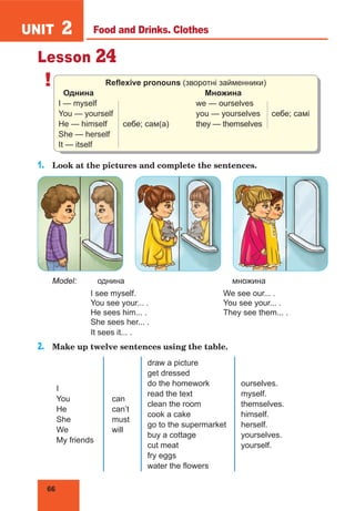 66
UNIT 2
Lesson 24
! Reflexive pronouns (зворотні займенники)
Однина				 Множина
I — myself				 we — ourselves
You — yourself			 you — yourselves себе; самі
He — himself себе; сам(а)	 they — themselves
She — herself
It — itself
1.	 Look at the pictures and complete the sentences.
Model:		 однина				 множина
		 I see myself.				 We see our... .
		 You see your... .			 You see your... .
		 He sees him... .			 They see them... .
		 She sees her... .
		 It sees it... .
2.	 Make up twelve sentences using the table.
I
You
He
She
We
My friends
can
can’t
must
will
draw a picture
get dressed
do the homework
read the text
clean the room
cook a cake
go to the supermarket
buy a cottage
cut meat
fry eggs
water the flowers
ourselves.
myself.
themselves.
himself.
herself.
yourselves.
yourself.
Food and Drinks. Clothes
 