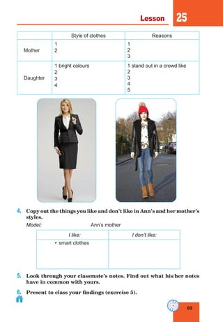 69
Lesson 25
Style of clothes Reasons
Mother
1
2
1
2
3
Daughter
1 bright colours
2
3
4
1 stand out in a crowd like
2
3
4
5
4.	 Copy out the things you like and don’t like in Ann’s and her mother’s
styles.
Model:				 Ann’s mother
I like: I don’t like:
•	smart clothes
5.	 Look through your classmate’s notes. Find out what his/her notes
have in common with yours.
6.	 Present to class your findings (exercise 5).
 