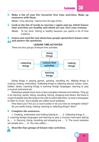 81
Lesson 30
2.	 Make a list of your five favourite free time activities. Make up
sentences with them.
Model: I love dancing. I dance from the age of five.
3.	 Look at the list of words in exercise 1 again and say which leisure
time activities are healthy and which are not. Give your reasons.
Model:	 To my mind, fishing is healthy because you spend a lot of time
outdoors.
4.	 Listen and read the text about how people spend their leisure time
and answer the questions.
LEISURE TIME ACTIVITIES
There are four groups of leisure time activities.
collecting
things
making
things
doing
things
learning
things
Leisure time
activities
Doing things is playing games, painting, travelling etc. Making things is
cooking, knitting, embroidery. Collecting things is collecting stamps, books, coins,
bottles, labels. Learning things is learning foreign languages, learning to play
a musical instrument etc.
Nowadays people have more or less energetic interests and hobbies. They go
in for dancing, sports, hiking, travelling, fishing, shopping and others. But there is
a type of people who like lying on the sofa to watch television, to read a newspaper
or listen to music. Such people are called couch potatoes.
How about you? Are you a couch potato or do you have an energetic hobby?
Do you prefer doing, making, learning or collecting things? Why?
5.	 Complete the sentences.
1. Cooking, embroidery and knitting belong to ... . 2. Collecting things is ... .
3. Learning foreign languages and learning to play a musical instrument belong
to ... . 4. Dancing, hiking, travelling and shopping are ... . 5. The couch potatoes
are people who ... . 6. You may collect ... .
6.	 Describe four groups of leisure time activities.
 