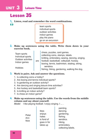 90
UNIT 3 Leisure Time
Lesson 35
1.	 Listen, read and remember the word combinations.
team sports
individual sports
outdoor activities
indoor games
play the piano
go on an excursion
2.	 Make up sentences using the table. Write them down in your
exercise book.
Team sports
Individual sports
Outdoor activities
Indoor games
Hobbies
are
chess, puzzles, card games.
collecting coins, stamps, labels.
knitting, embroidery, sewing, dancing, singing.
football, basketball, volleyball, hockey.
boxing, tennis, badminton, skating, skiing,
aerobics.
fishing, hiking, gardening, walking the dog.
3.	 Work in pairs. Ask and answer the questions.
1.	 Is collecting coins a hobby?
2.	 Are boxing and tennis individual sports?
3.	 Is gardening an outdoor activity?
4.	 Are dancing and singing leisure time activities?
5.	 Are hockey and basketball team sports?
6.	 Is knitting an indoor activity?
7.	 Is chess an indoor game?
4.	 Make up sentences using the table. Use the words from the middle
column and say about yourself.
Model:	 I like playing football. I enjoy singing. I ... .
Peter
Ann
Nick
likes
enjoys
hates
is fond of
goes in for
takes up
painting.
dancing.
gardening.
fishing.
aerobics.
hiking.
embroidery.
collecting labels.
 
