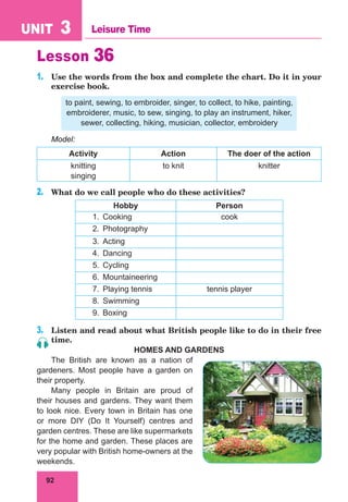 92
UNIT 3 Leisure Time
Lesson 36
1.	 Use the words from the box and complete the chart. Do it in your
exercise book.
to paint, sewing, to embroider, singer, to collect, to hike, painting,
embroiderer, music, to sew, singing, to play an instrument, hiker,
sewer, collecting, hiking, musician, collector, embroidery
Model:
Activity Action The doer of the action
knitting
singing
to knit knitter
2.	 What do we call people who do these activities?
Hobby Person
1.	Cooking cook
2.	Photography
3.	Acting
4.	Dancing
5.	Cycling
6.	Mountaineering
7.	 Playing tennis tennis player
8.	Swimming
9.	Boxing
3.	 Listen and read about what British people like to do in their free
time.
HOMES AND GARDENS
The British are known as a nation of
gardeners. Most people have a garden on
their property.
Many people in Britain are proud of
their houses and gardens. They want them
to look nice. Every town in Britain has one
or more DIY (Do It Yourself) centres and
garden centres. These are like supermarkets
for the home and garden. These places are
very popular with British home-owners at the
weekends.
 