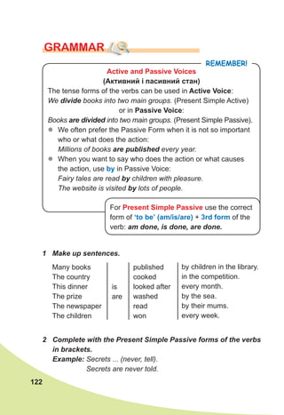 122
GRAMMAR
Active and Passive Voices
(Активний і пасивний стан)
The tense forms of the verbs can be used in Active Voice:
We divide books into two main groups. (Present Simple Active)
or in Passive Voice:
Books are divided into two main groups. (Present Simple Passive).
z
z We often prefer the Passive Form when it is not so important
who or what does the action:
Millions of books are published every year.
z
z When you want to say who does the action or what causes
the action, use by in Passive Voice:
Fairy tales are read by children with pleasure.
The website is visited by lots of people.
REMEMBER!
For Present Simple Passive use the correct
form of ‘to be’ (am/is/are) + 3rd form of the
verb: am done, is done, are done.
1 Make up sentences.
Many books
The country
This dinner
The prize
The newspaper
The children
published
cooked
looked after
washed
read
won
by children in the library.
in the competition.
every month.
by the sea.
by their mums.
every week.
is
are
2 Complete with the Present Simple Passive forms of the verbs
in brackets.
Example: Secrets ... (never, tell).
Secrets are never told.
 