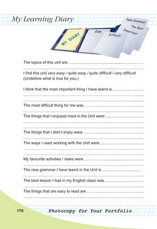 My Learning Diary
Photocopy for Your Portfolio
The topics of this unit are ……..…………..........................……………
……………………………………………………….......………………….
I find this unit very easy / quite easy / quite difficult / very difficult.
(Underline what is true for you.)
I think that the most important thing I have learnt is …………...………
…………………………………………………………………………..…...
…………………………………………………………………………...…..
The most difficult thing for me was ………………………………………
………………..………………………………………………………….…..
The things that I enjoyed most in the Unit were ....……..………………
……………………………………………………………………………….
……………………...………………………………………………………..
The things that I didn’t enjoy were …………..…………………………..
……………...………………………………………………………………..
The ways I used working with the Unit were ....…………….….……….
…………………………………………………………………………….....
……………………………………………………………………………….
My favourite activities / tasks were ……………….............…………….
……………...………………………………………………………………..
The new grammar I have learnt in the Unit is ……...…………………
……………...………………………………………………………………..
The best lesson I had in my English class was .....................…...……
……………...………………………………………………………………..
The things that are easy to read are .………...………………………….
……………...………………………………………………………………..
178
 