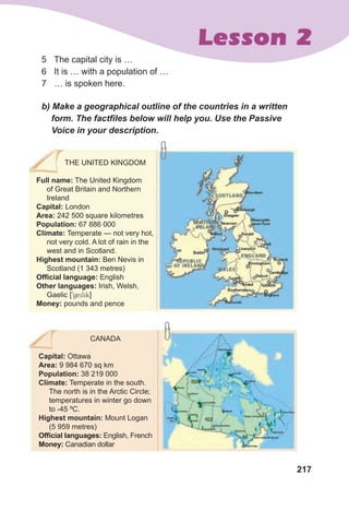 217
Lesson 2
5 The capital city is …
6 It is … with a population of …
7 … is spoken here.
	 b)	Make	a	geographical	outline	of	the	countries	in	a	written	
				form.	The	factfiles	below	will	help	you.	Use	the	Passive	
				Voice	in	your	description.
THE UNITED KINGDOM
Full name: The United Kingdom
of Great Britain and Northern
Ireland
Capital: London
Area: 242 500 square kilometres
Population: 67 886 000
Climate: Temperate — not very hot,
not very cold. A lot of rain in the
west and in Scotland.
Highest mountain: Ben Nevis in
Scotland (1 343 metres)
Official language: English
Other languages: Irish, Welsh,
Gaelic [9geilik]
Money: pounds and pence
CANADA
Capital: Ottawa
Area: 9 984 670 sq km
Population: 38 219 000
Climate: Temperate in the south.
The north is in the Arctic Circle;
temperatures in winter go down
to -45 ºC.
Highest mountain: Mount Logan
(5 959 metres)
Official languages: English, French
Money: Canadian dollar
 
