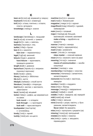 278
K
keen on [ki:nɒn] adj. вправний (у чомусь)
keyboard [ˊki:bɔ:d] n. клавіатура
knit [nɪt] n. в’язка, плетіння; v. в’язати,
плести; зв’язувати
knowledge [ˊnɒlɪdʒ] n. знання
L
landscape [ˊlændskeɪp] n. ландшафт
last [lɑ:st] adj. останній; v. тривати
laugh [lɑ:f] n. сміх; v. сміятись
laziness [ˊleɪzɪnəs] n. лінь
leaflet [ˊli:flət] n. буклет
lean [li:n] v. нахиляти
lean over — перехилити(сь)
legal [ˊli:gl] adj. законний
leisure [ˊleʒə] n. дозвілля
have leisure — відпочивати,
проводити дозвілля
length [leŋθ] n. довжина
leprechaun [ˊleprəkɔ:n] n. леприкон
(казковий персонаж)
level [ˊlevǝl] n. рівень
library [ˊlaɪbrərɪ] n. бібліотека
life [laɪf] n. життя
lifestyle [ˊlaɪfstaɪl] n. спосіб життя
literature [ˊlɪtǝrətʃə] n. література
load [ləυd] n. вантаж; v. вантажити,
завантажити
local [ˊləυkǝl] adj. місцевий
locker [ˊlɒkə] n. шафка, що закривається
на замок
look round — v. оглядати
look through — v. проглядати
look well — гарно виглядати
loudspeaker [ˏlaυdˊspi:kə]
n. гучномовець
lovely [ˊlʌvlɪ] n. гарний
luckily [ˊlʌkɪlɪ] adv. на щастя
M
machine [məˊʃi:n] n. машина
mad [mæd] n. божевільний
magazine [ˏmægəˊzi:n] n. журнал
magnificent [mægˊnɪfɪsǝnt] n. чудовий,
неймовірний
main [meɪn] n. головний
major [ˊmeɪdʒə] adj. більший,
важливіший; головний, важливий
make a living — заробляти на
прожиття
manner [ˊmænə] n. манера
marry [ˊmærɪ] v. одружувати(сь)
mash [mæʃ] v. розминати
master [ˊmɑ:stə ] n. господар
class master — класний керівник
mean [mi:n] v. означати; мати на увазі
meaning [ˊmi:nɪŋ] n. значення
means of communication — засоби
комунікації
member [ˊmembə] n. член
membership [ˊmembəʃɪp] n. членство
memorise [ˊmeməraɪz] v. запам’ятати,
запам’ятовувати
memorial [məˊmɔ:rɪəl] n. пам’ятник,
меморіал
mention [ˊmenʃn] v. згадувати
mess [mes] n. безлад
message [ˊmesɪdʒ] n. повідомлення
method [ˊmeθəd] n. спосіб
middle [ˊmɪdl] n. середина; adj. середній
mild [maɪld] adj. м’який
miller [ˊmɪlə] n. мельник
mind [maɪnd] n. розум, пам’ять; v. бути
уважним, запам’ятовувати
Never mind. Не зважайте.
miss [mɪs] v. пропускати; сумувати (за)
missing [ˊmɪsɪŋ] adj. пропущений
mistake [mɪˊsteɪk] n. помилка
mix [mɪks] n. суміш; v. змішувати,
перемішувати
 