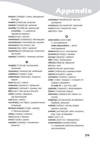 Appendix
279
mixture [ˊmɪkstʃə] n. суміш; змішування;
мікстура
modern [ˊmɒdn] adj. сучасний
modest [ˊmɒdəst] adj. скромний
monthly [ˊmʌnθlɪ] adj. щомісячний
а monthly — n. щомісячне
періодичне видання
mood [mu:d] n. настрій
motherland [ˊmʌðəlænd] n. батьківщина
mountainous [ˊmaυntɪnəs] adj. гірський
movement [ˊmu:vmənt] n. рух
musician [mju:ˊzɪʃn] n. музикант
mysterious [mɪˊstɪərɪəs] adj. таємничий,
містичний
mystery [ˊmɪstǝrɪ] n. таємниця, містика
N
naughty [ˊnɔ:tɪ] adj. неслухняний,
капризний
necessary [ˊnesəsǝrɪ] adj. необхідний
neighbour [ˊneɪbə] n. сусід
networking [ˊnetwɜ:kɪŋ] n. соціальні
мережі
news [nju:z] n. новини
nickname [ˊnɪkneɪm] n. прізвисько
nightmare [ˊnaɪtmeə] n. кошмар, жах
Nile [naıl] n. Нил (річка в Єгипті)
noble [ˊnəυbl] n. дворянин;
adj. благородний
nod [nɒd] v. кивати
non-fiction [ˏnɒnˊfɪkʃn] n. документальна
література
Northern Ireland [ˊnɔ:ðən ˈaıələnd]
n. Північна Ірландія
notice [ˊnəυtɪs] v. помічати
noun [naυn] n. іменник
novel [ˊnɒvǝl] n. роман
novelist [ˊnɒvǝlɪst] n. письменник-
романист
nowadays [ˊnaʋədeɪz] adv. наші дні,
сьогодення
numerous [ˊnju:mǝrəs] adj. чисельний
nurse [nɜ:s] n. медсестра; няня
nut [nʌt] n. горіх
O
observation [ˏɒbzəˊveɪʃn]
n. спостереження
make observations — вести
спостереження
observe [əbˊzɜ:v] v. спостерігати
occasion [əˊkeɪʒn] n. випадок
occupy [ˊɒkjυpaɪ] v. займати
offer [ˊɒfə] v. пропонувати
official [əˊfɪʃǝl] adj. офіційний
oil [ɔɪl] n. олія
once [wʌns] adv. одного разу
online [ˊɒnlaɪn] adv. в режимі онлайн
opinion [əˊpɪnjən] n. думка
orchestra [ˊɔ:kɪstrə] n. оркестр
order [ˊɔ:də] n. порядок; v. складати по
порядку; наказувати
in order to — для того, щоб
organize [ˊɔ:gənaɪz] v. організовувати
Orient [ˊɔ:rɪənt] adj. східний
otherwise [ˊʌðəwaɪz] adv. інакше, по-
іншому
outgoing [ˏaυtˊgəυɪŋ] adj. що відходить
(відбуває, вирушає)
outlook [ˊaυtlυk] n. погляд, ракурс;
горизонт, кругозір
outside [ˏaυtˊsaɪd] adv. зовні; на вулиці;
prep. поза, за (межами)
oven [ˊʌvn] n. піч
overeat [ˏəυvərˊi:t] v. переїдати(сь)
overprotective [ˏəυvəprəˊtektɪv]
n. з надмірним захистом (охороною,
заступництвом)
 