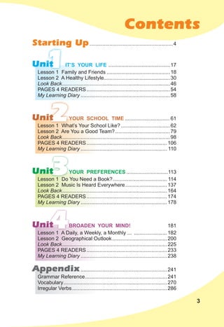 Contents
1
2
3
4
Unit
Unit
Unit
Unit
Appendix............................................................241
Starting Up..........................................................4
Lesson 1 Family and Friends ............................................18
Lesson 2 A Healthy Lifestyle..............................................30
Look Back...........................................................................46
PAGES 4 READERS..........................................................54
My Learning Diary ..............................................................58
Lesson 1 What’s Your School Like? ..................................62
Lesson 2 Are You a Good Team?......................................79
Look Back...........................................................................98
PAGES 4 READERS........................................................106
My Learning Diary ............................................................ 110
Lesson 1 Do You Need a Book?...................................... 114
Lesson 2 Music Is Heard Everywhere.............................137
Look Back.........................................................................164
PAGES 4 READERS........................................................174
My Learning Diary ............................................................178
Lesson 1 A Daily, a Weekly, a Monthly ... .......................182
Lesson 2 Geographical Outlook ......................................200
Look Back.........................................................................225
PAGES 4 READERS........................................................233
My Learning Diary ............................................................238
Grammar Reference.........................................................241
Vocabulary........................................................................270
Irregular Verbs..................................................................286
IT’S YOUR LIFE ...........................................17
YOUR SCHOOL TIME ............................... 61
YOUR PREFERENCES .............................113
BROADEN YOUR MIND! 181
3
 
