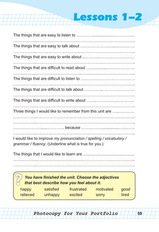59
Lessons 1-2
Photocopy for Your Portfolio
The things that are easy to listen to ………….................………………
……………...………………………………………………………………..
The things that are easy to talk about ……………………......…………
……………...………………………………………………………………..
The things that are easy to write about ...………...…………………….
……………...………………………………………………………………..
The things that are difficult to read about …................………………..
……………...………………………………………………………………..
The things that are difficult to listen to .………………………………….
……………...………………………………………………………………..
The things that are difficult to talk about …………..……………………
……………...………………………………………………………………..
The things that are difficult to write about ……..……………………….
……………...………………………………………………………………..
Three things I would like to remember from this unit are …..…………
……………...………………………………………………………………..
……………...………………………………………………………………..
………………….....…………. because ……………................….……..
……………...………………………………………………………………..
I would like to improve my pronunciation / spelling / vocabulary /
grammar / fluency. (Underline what is true for you.)
The things that I would like to learn are ..............................................
……………...………………………………………………………………..
……………...………………………………………………………………..
You have finished the unit. Choose the adjectives
that best describe how you feel about it.
?happy
relieved
satisfied
unhappy
frustrated
excited
motivated
sorry
good
tired
 