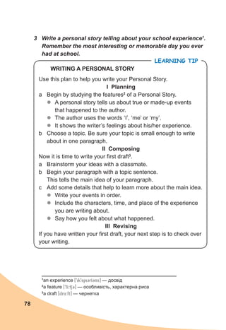78
3 Write a personal story telling about your school experience1
.
Remember the most interesting or memorable day you ever
had at school.
Use this plan to help you write your Personal Story.
I Planning
a Begin by studying the features2
of a Personal Story.
z
z A personal story tells us about true or made-up events
that happened to the author.
z
z The author uses the words ‘I’, ‘me’ or ‘my’.
z
z It shows the writer’s feelings about his/her experience.
b Choose a topic. Be sure your topic is small enough to write
about in one paragraph.
II Composing
Now it is time to write your first draft3
.
a Brainstorm your ideas with a classmate.
b Begin your paragraph with a topic sentence.
This tells the main idea of your paragraph.
c Add some details that help to learn more about the main idea.
z
z Write your events in order.
z
z Include the characters, time, and place of the experience
you are writing about.
z
z Say how you felt about what happened.
III Revising
If you have written your first draft, your next step is to check over
your writing.
LEARNING TIP
WRITING A PERSONAL STORY
1
an experience [9ik9spiCrICns] — досвід
2
a feature [9fI:tSC] — особливість, характерна риса
3
a draft [dr4:ft] — чернетка
 